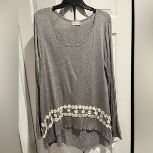 ALTAR’D STATE- Gray , Soft , Long Sleeve with Sewn on Floral Lace Trim